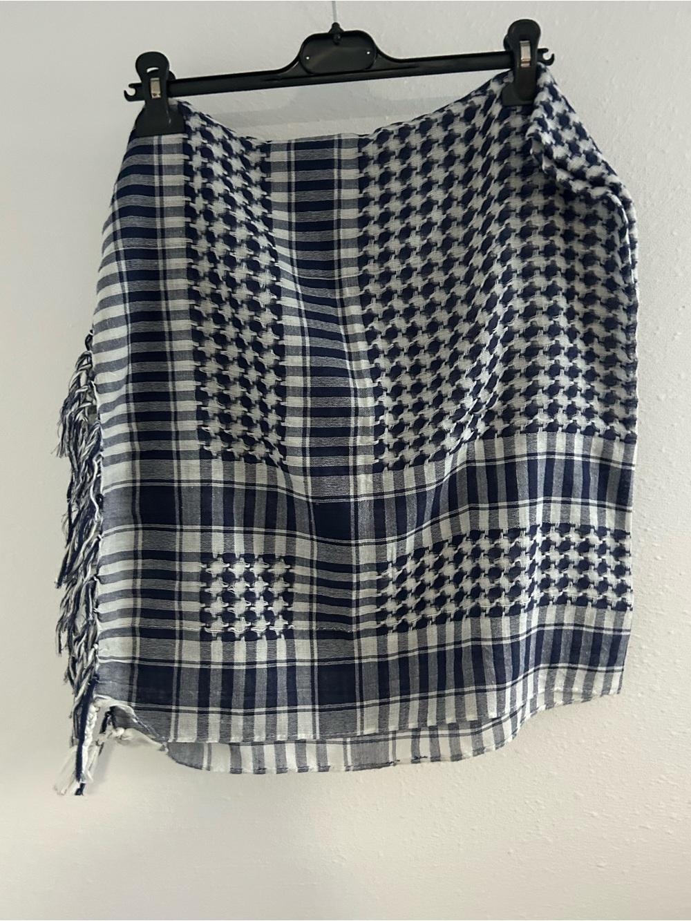 Navy and White Plaid Fringe Wrap Scarf